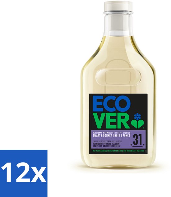 12 x Ecover Vloeibaar Wasmiddel Zwart & Donker - Limoen & Lotus 31 Wasbeurten 1,43 liter - Donker Wasmiddel - Donkere Kleuren - Plantaardig Wasmiddel - Milieuvriendelijk Wasmiddel - Ecologisch Wasmiddel