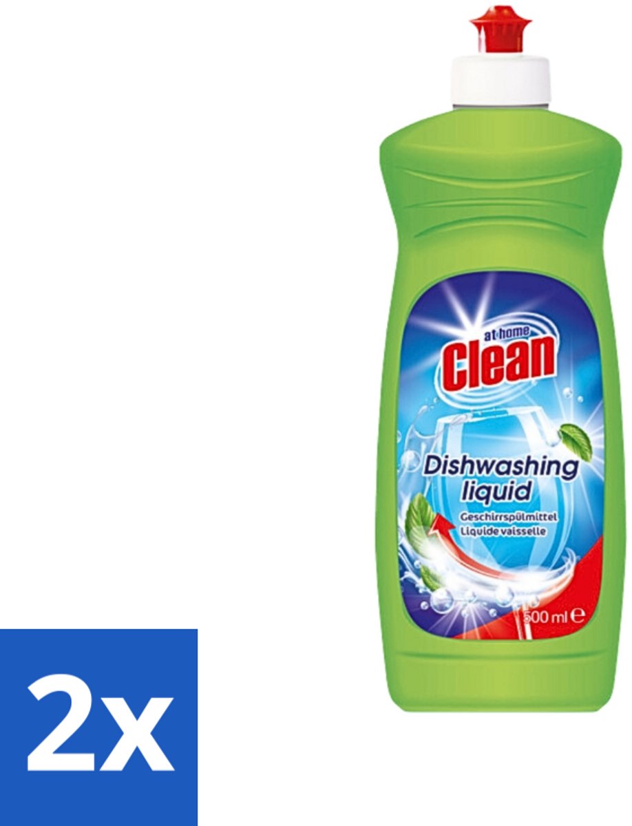 2 x At Home - Clean - Afwasmiddel - Ultra - Stralend Schone Vaat - 500 ml - Afwasmiddel - Vaat Reinigen - Vet Verwijderen - Schone Vaat - Mild Voor Handen