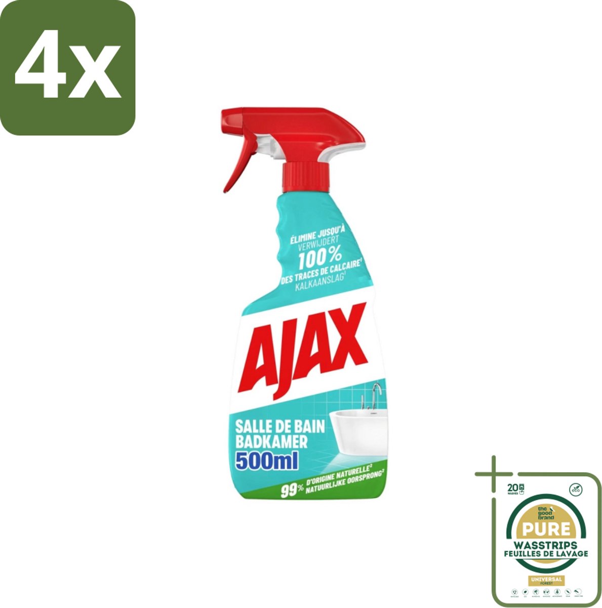 Ajax – Badkamer Spray – 500 ml - Voordeelverpakking - 4 stuks - Zeepresten verwijderen - Badkamer schoonmaken