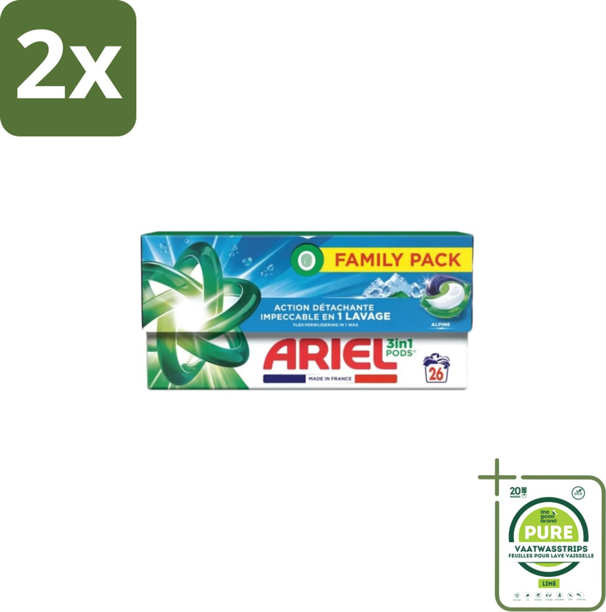 Ariel – Pods 3in1 – Alpine – 26 wasbeurten - Voordeelverpakking - 2 stuks - Ariel 3in1 Pods Alpine - Wasmiddel 26 wasbeurten