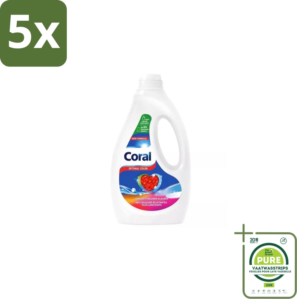 5 x Coral – Vloeibaar Wasmiddel – Optimal Color – 1170 ml - Grootverpakking - Kleurbehoud - Vlekverwijdering - Anti-pluis - Wasmiddel - Wasresultaat