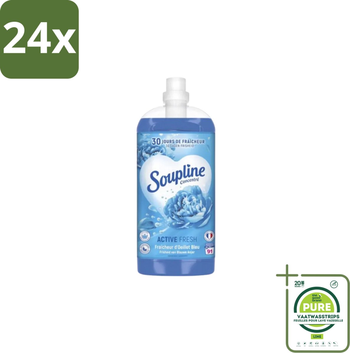 Soupline – Wasverzachter – Active Fresh Frisheid van Blauwe Anjer – 2 L - Voordeelverpakking - 24 stuks - Wasverzachter - Frisheid