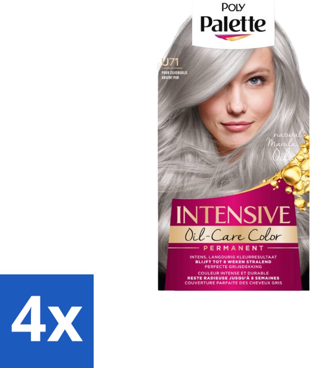 4 x Poly Palette – Haarverf – U71 Puur Zilvergrijs – 115 ml - Grijs Haar Kleuren - Zilvergrijs Haar - Intens Grijs - Zilverreflectie - Haarkleuring