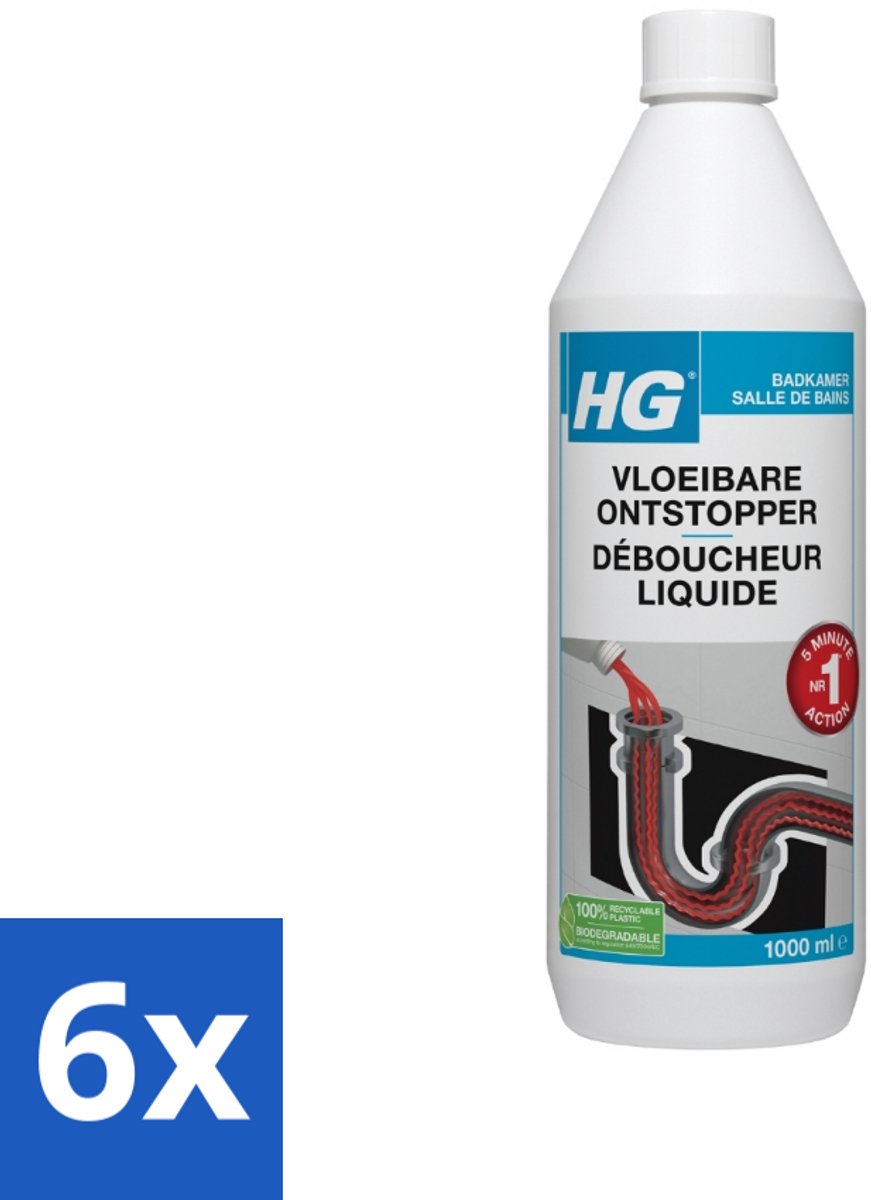 6 x HG Vloeibare Ontstopper 1 liter - Badkamer Ontstopper - Verstopping Oplossen - HG Ontstopper - Vloeibare Ontstopper - Wasbak Ontstopper