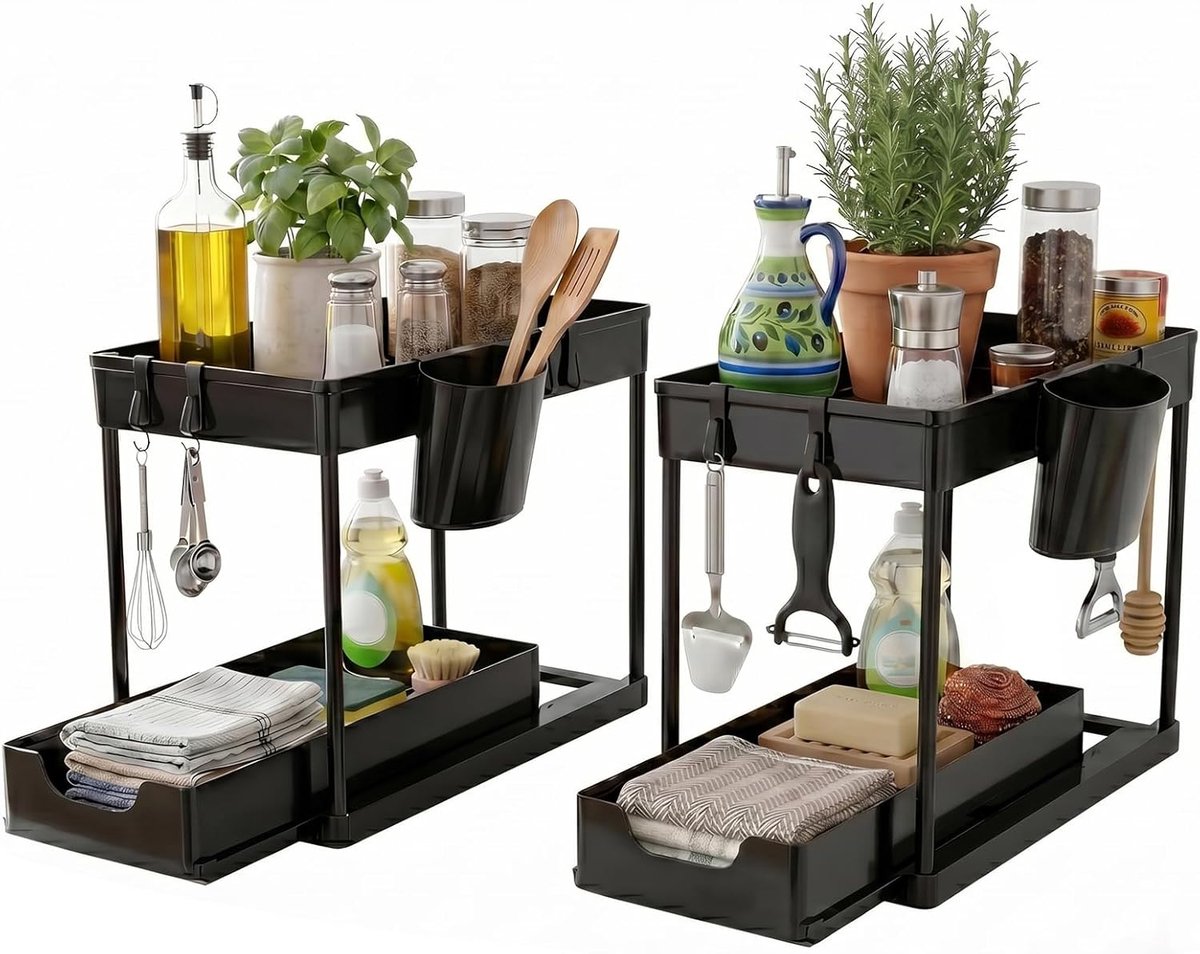 Ribech 2 stuks ondergootsteenrek, spoelkastorganizer, 2 etages, staand rek, keuken, werkblad, plank, organizer - ShopVlot