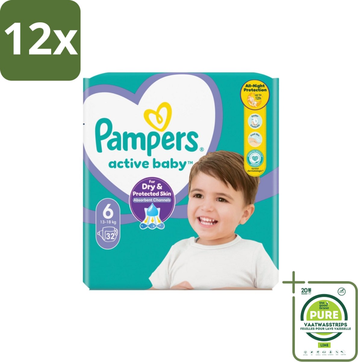 Pampers Active Baby Luiers Maat 6 (13-18 kg) 32 stuks per verpakking - Voordeelverpakking - 12 stuks - Baby luiers - Bescherming tegen doorlekken