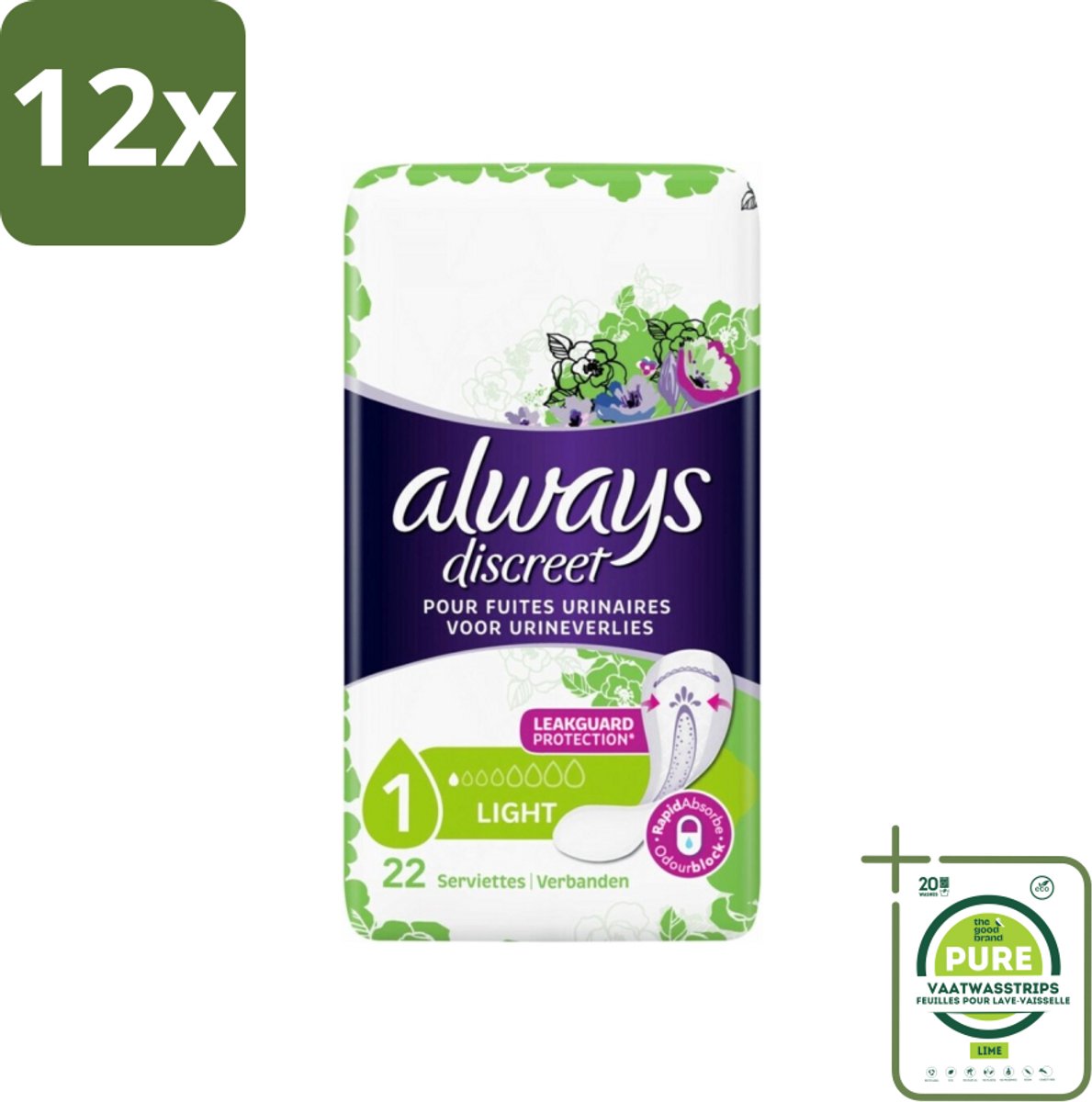Always Discreet - Maandverband - Lichte Bescherming - 22 Maandverbandjes - Voordeelverpakking - 12 stuks - Always Discreet - Maandverband