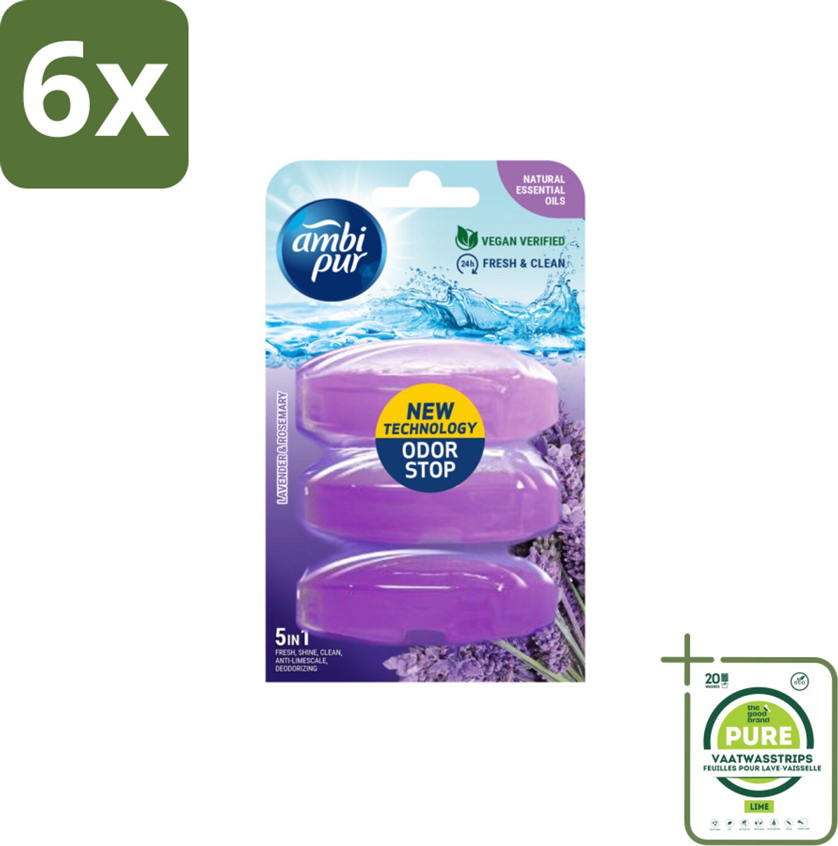 Ambi Pur Toiletblok Navulling Lavendel & Rozemarijn 3 stuks per verpakking - Voordeelverpakking - 6 stuks - Toiletblok - Toiletvulling