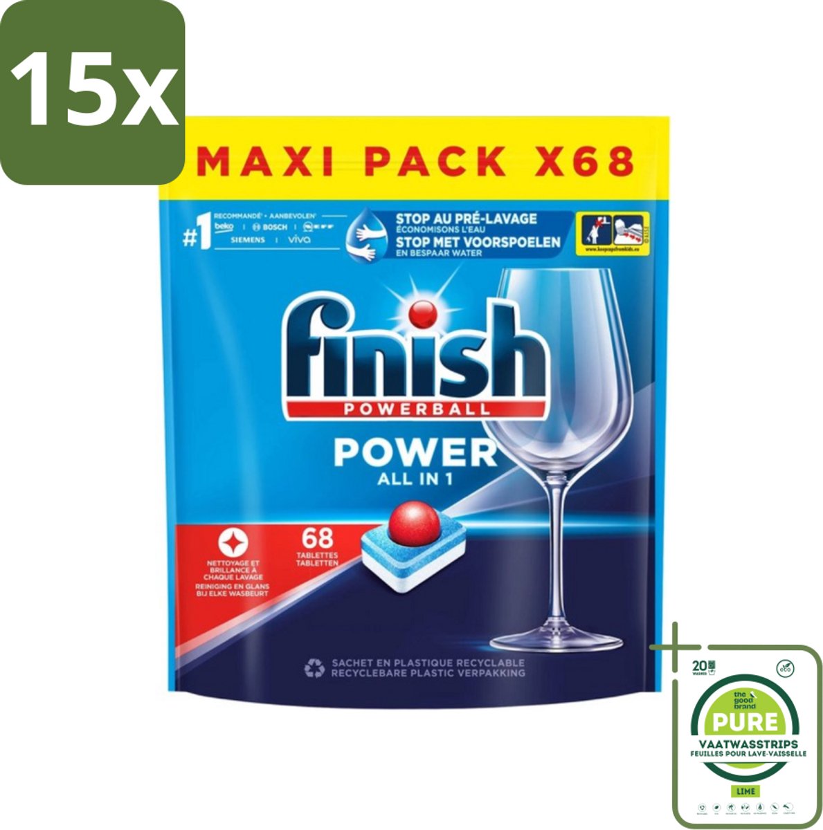 15 x Finish Powerball - Power All in 1 - Vaatwastabletten - Reiniging & Glans - 68 Tabletten - Grootverpakking - Vaatwastabletten - Vaatwasser - Diepe Reiniging - Glanzend Resultaat - Alles-in-één