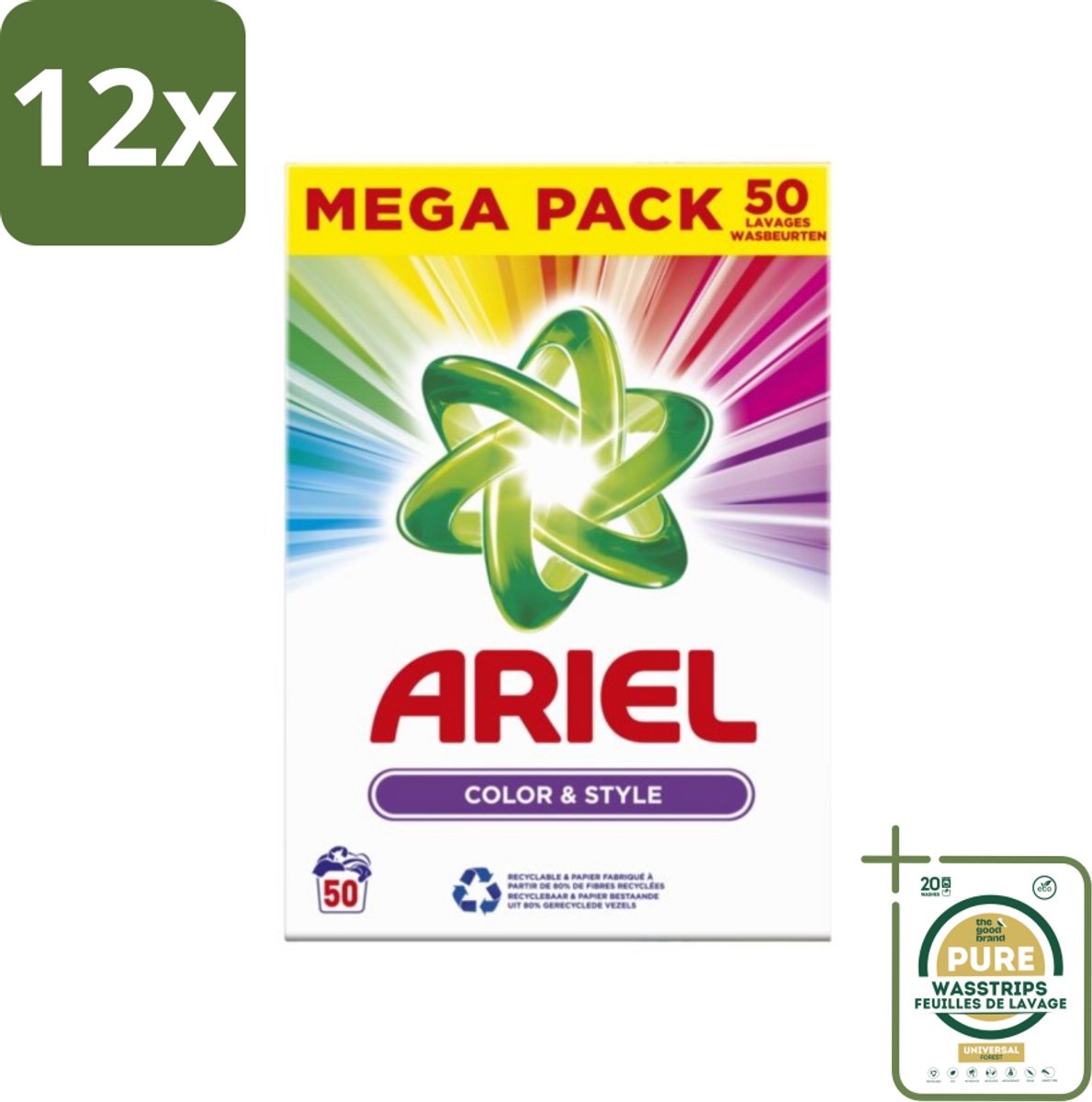 Ariel Color & Style - Waspoeder - Gekleurde Was - 50 Wasbeurten - Voordeelverpakking - 12 stuks - Ariel Color & Style - Kleurverzorging