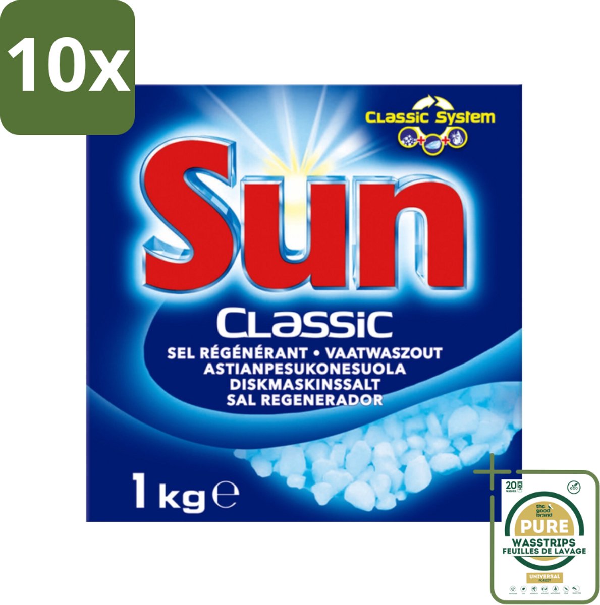 10 x Sun Classic - Vaatwaszout - Klassiek Systeem - 1 kg - Grootverpakking - Vaatwaszout - Kalkaanslag Voorkomen - Vaatwasser Onderhoud - Waterhardheid - Klassiek Systeem