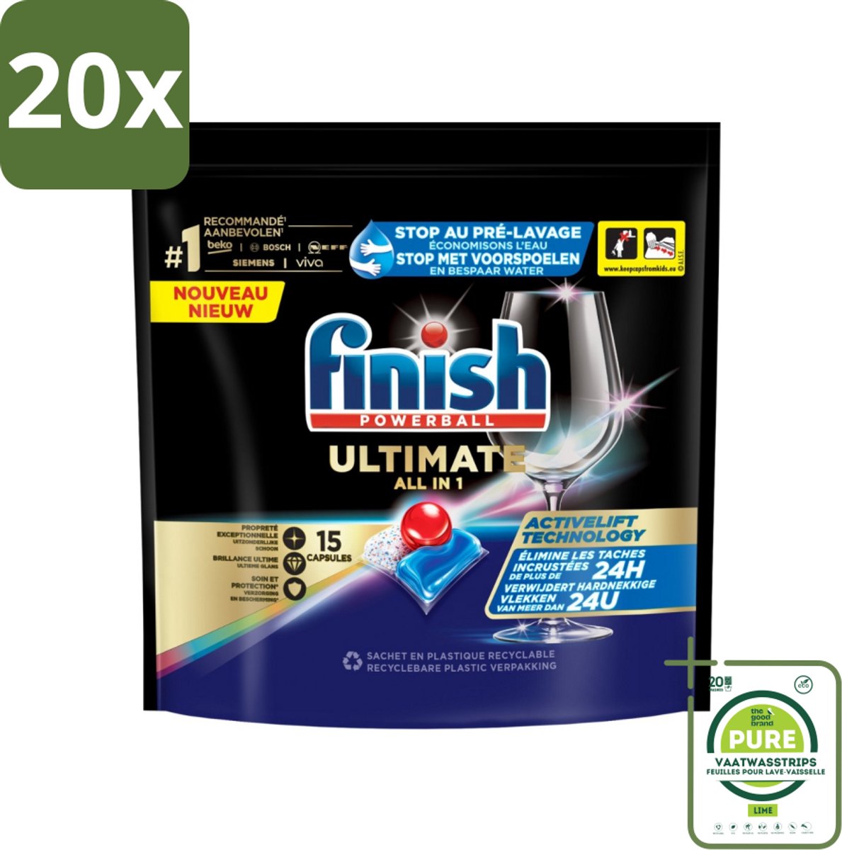 20 x Finish Powerball - Ultimate All in 1 - Vaatwastabletten - Activelift - 15 Capsules - Grootverpakking - Vaatwastabletten - Vaatwassertabletten - Finish Quantum - Activelift - Glans