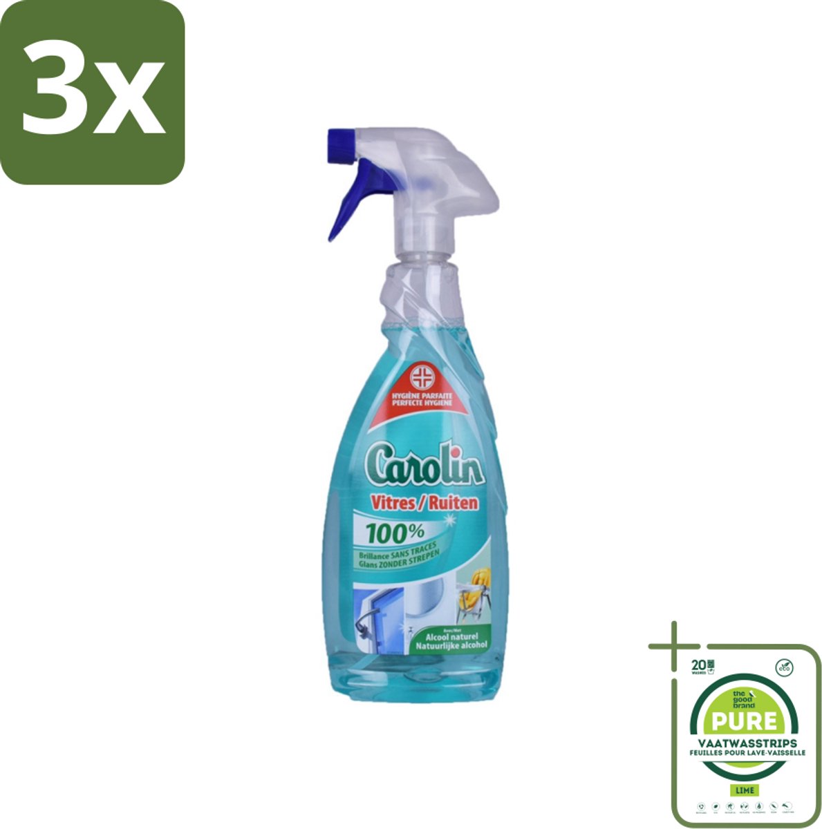 3 x Carolin - Glas- en Ruitenreiniger - Met Natuurlijke Alcohol - 650 ml - Grootverpakking - Glasreiniger - Ramen Schoonmaken - Streeploos Schoon - Ruitenreiniger - Natuurlijke Alcohol