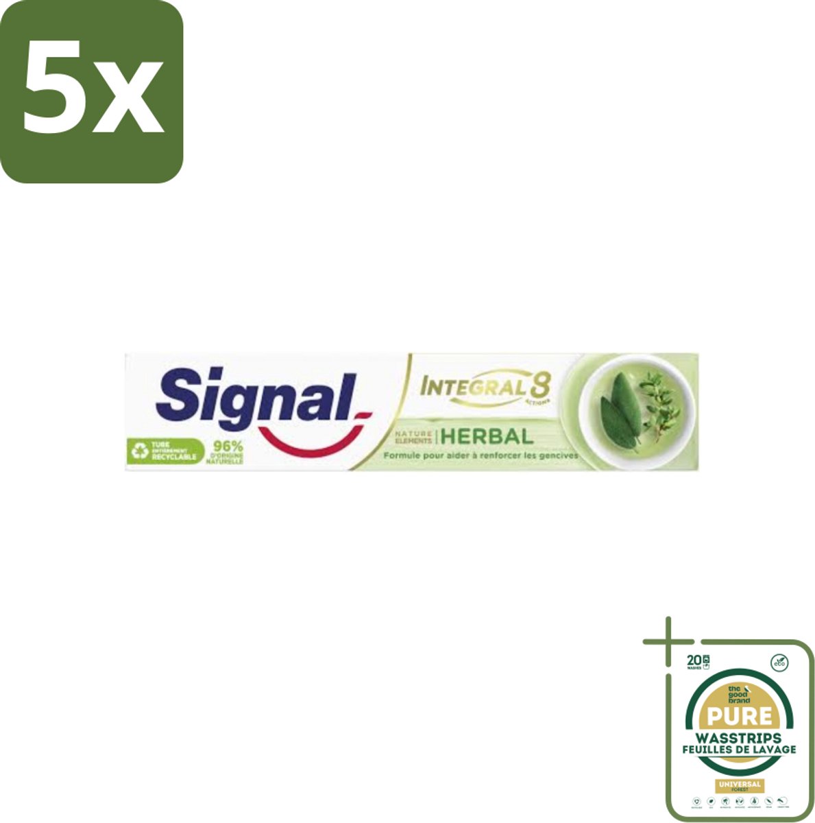 5 x Signal - Integral & Actions - Tandpasta - Natuurlijke Kruiden - Gerecyclede Verpakking - 75 ml - Grootverpakking - Tandpasta - Natuurlijke Kruiden - Fluoride - Tandbederf - Tandplak