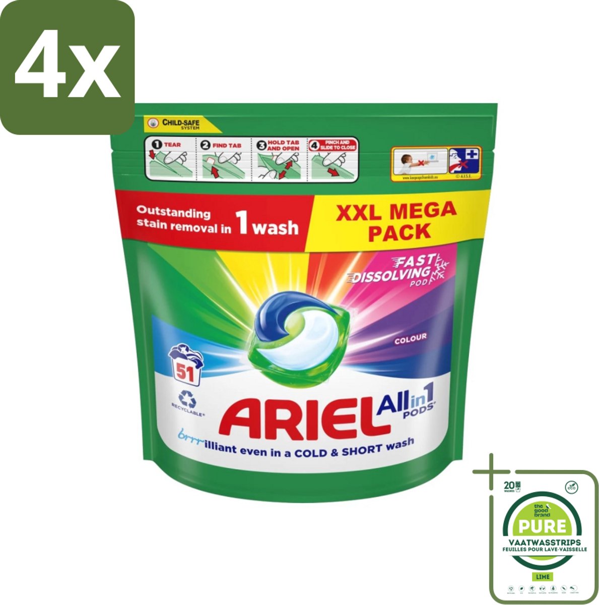 Ariel Color - Wasmiddelcapsules - All-in-1 Pods - Gekleurde Was - 51 Wasbeurten - Voordeelverpakking - 4 stuks - Wasmiddel capsules - Kleurwas