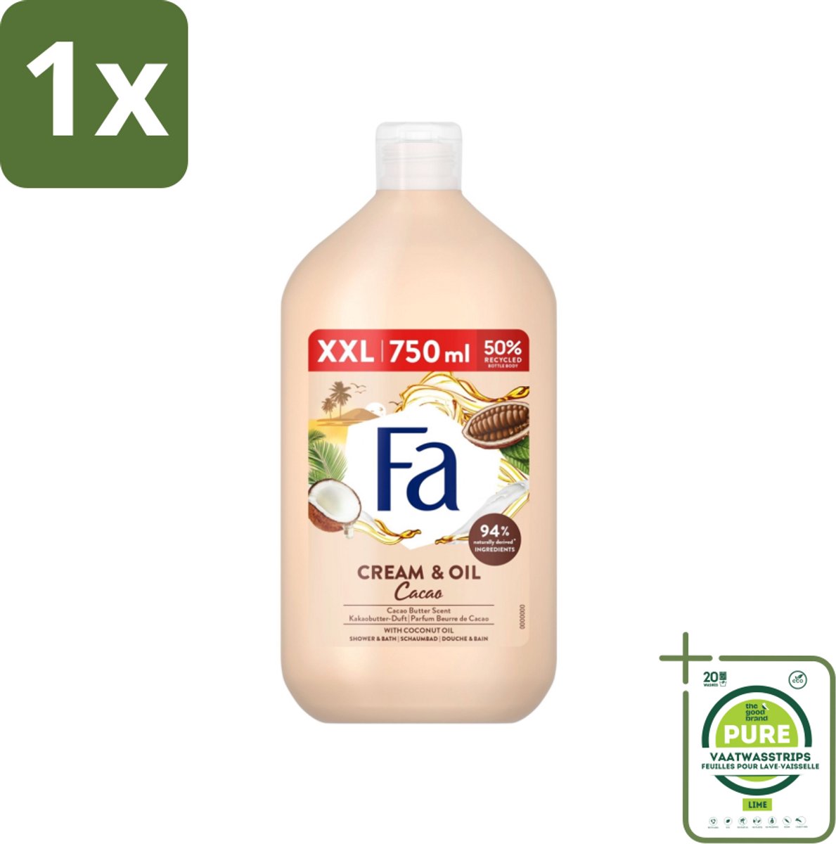 1 x Fa - Cream & Oil Cacao - Bad- & Douchegel - Cacaoboter Met Kokosolie - 750 ml - Badgel - Douchegel - Cacaoboter - Kokosolie - Verzorging