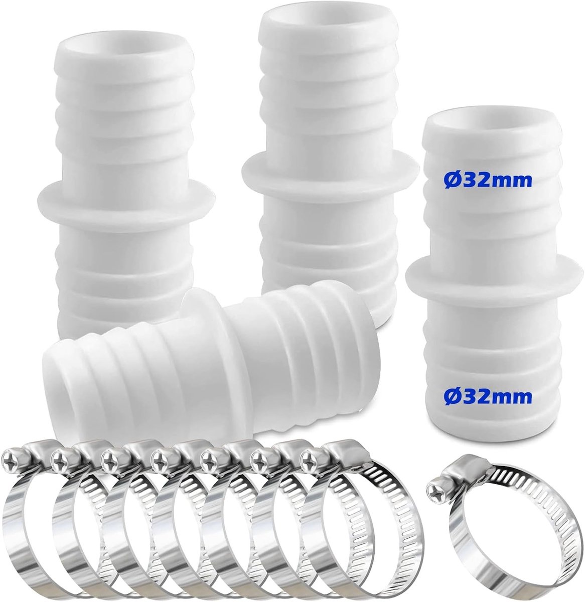 Set van 4 Slangkoppelingen 32 mm met 8 Slangklemmen voor Zwembad, Tuin en Waterafvoer