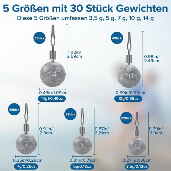 Ronde vissersloodjes set van 30 stuks in 5 verschillende maten voor optimale vistactieken — afbeelding 5