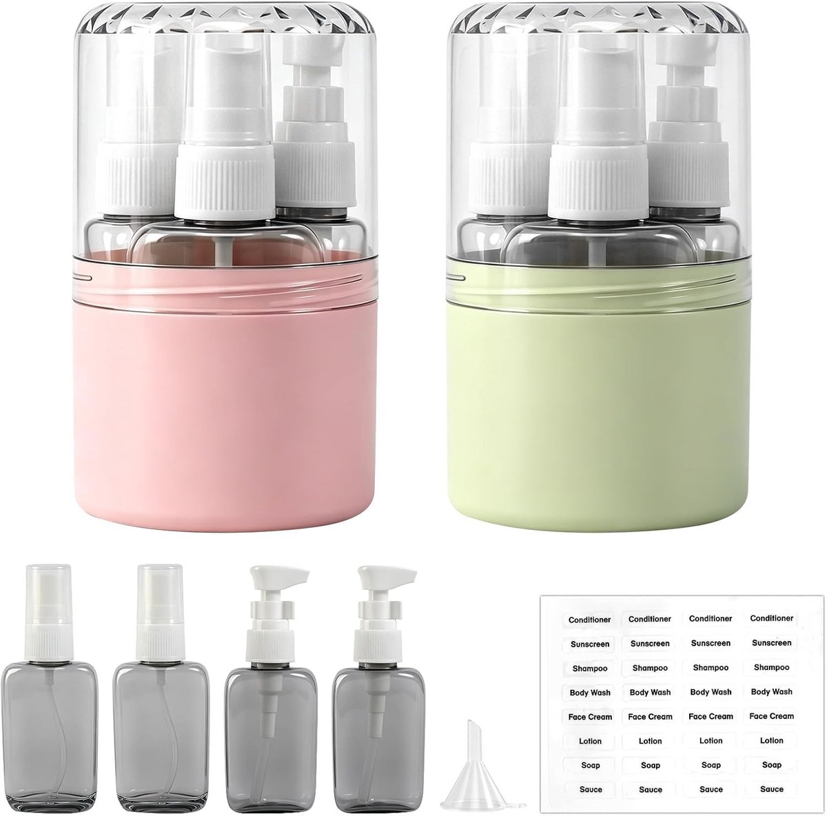 4-in-1 Reisbottles Set met 4 x 50 ml, Lekvrije Flesjes, Pompdispenser, Sprayfles, Trechter en Labels voor Shampoo en Toilettas Essentials