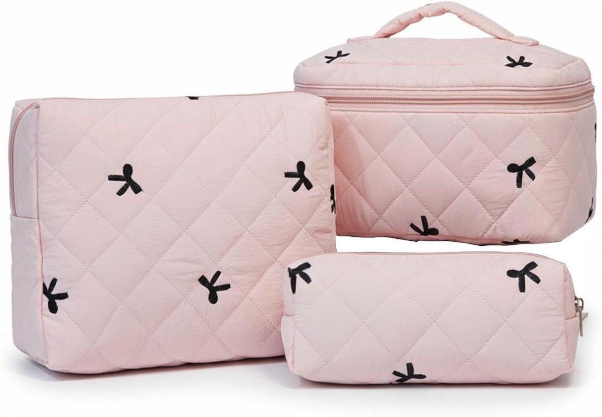 Set van 3 katoenen make-up tassen, schattige gewatteerde toilettassen, reisorganizer voor cosmetica met strikpatroon, ideaal voor vrouwen en meisjes, roze en elegant
