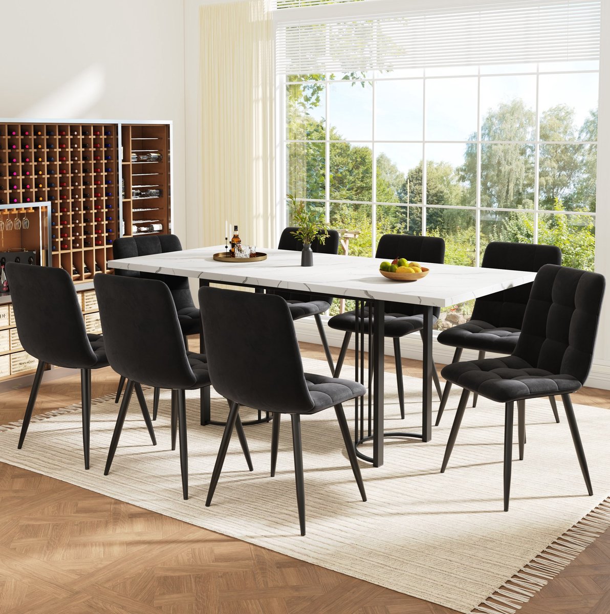 Wishdor Set tafel en stoelen - Uittrekbare eettafel - 8 stoelen voor 8 personen - Eetkamer keuken - Bewerkt hout en metaal - Zwart wit - 140-179,5 x 80 x 75,5 cm