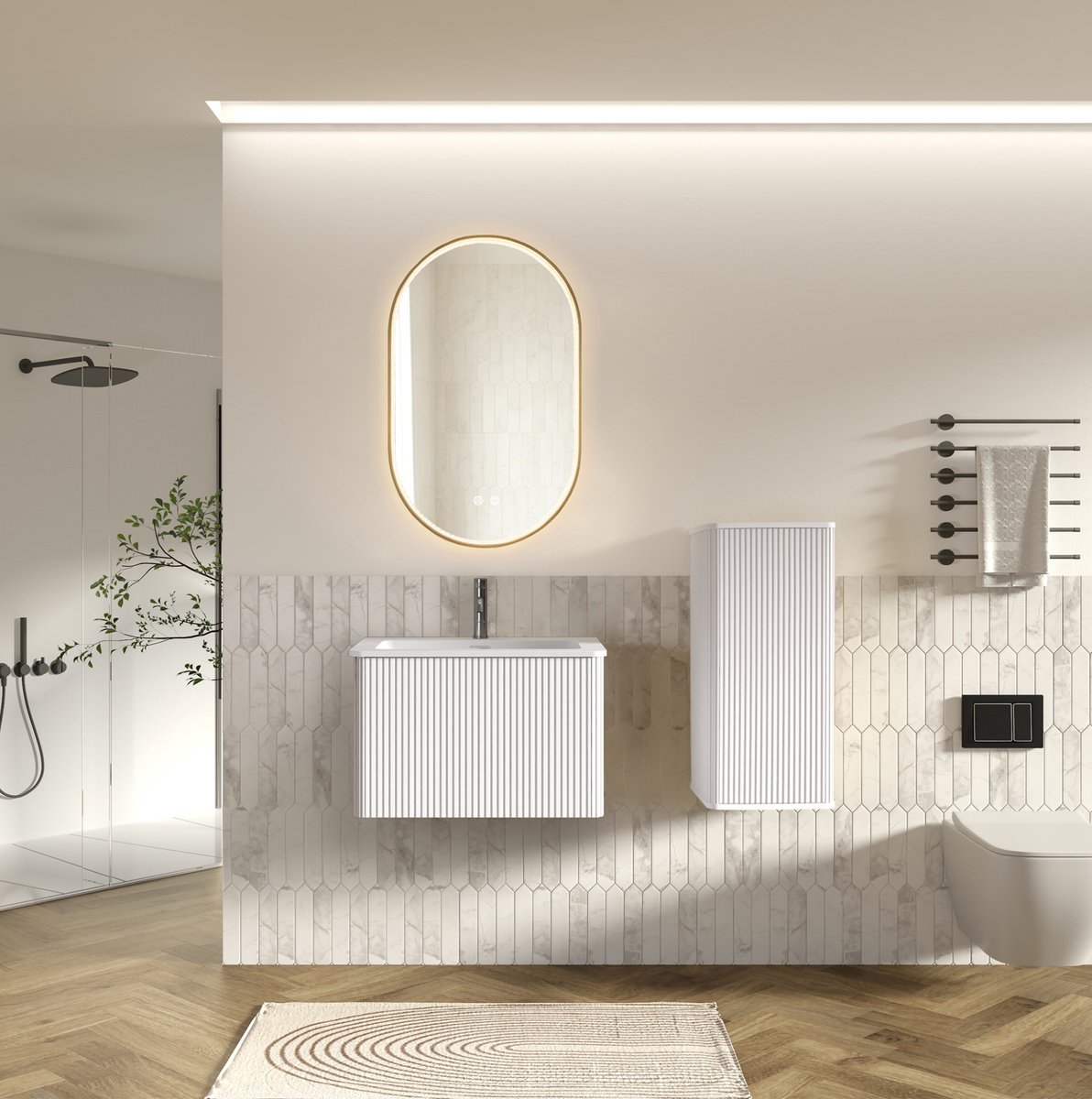 STILVORA Badkamerkast Set - Wandhangend Met LED Spiegel En Wastafel - Voor Kleine Badkamer En Gastentoilet - Hout En Glas - Wit Goud - 60 Cm