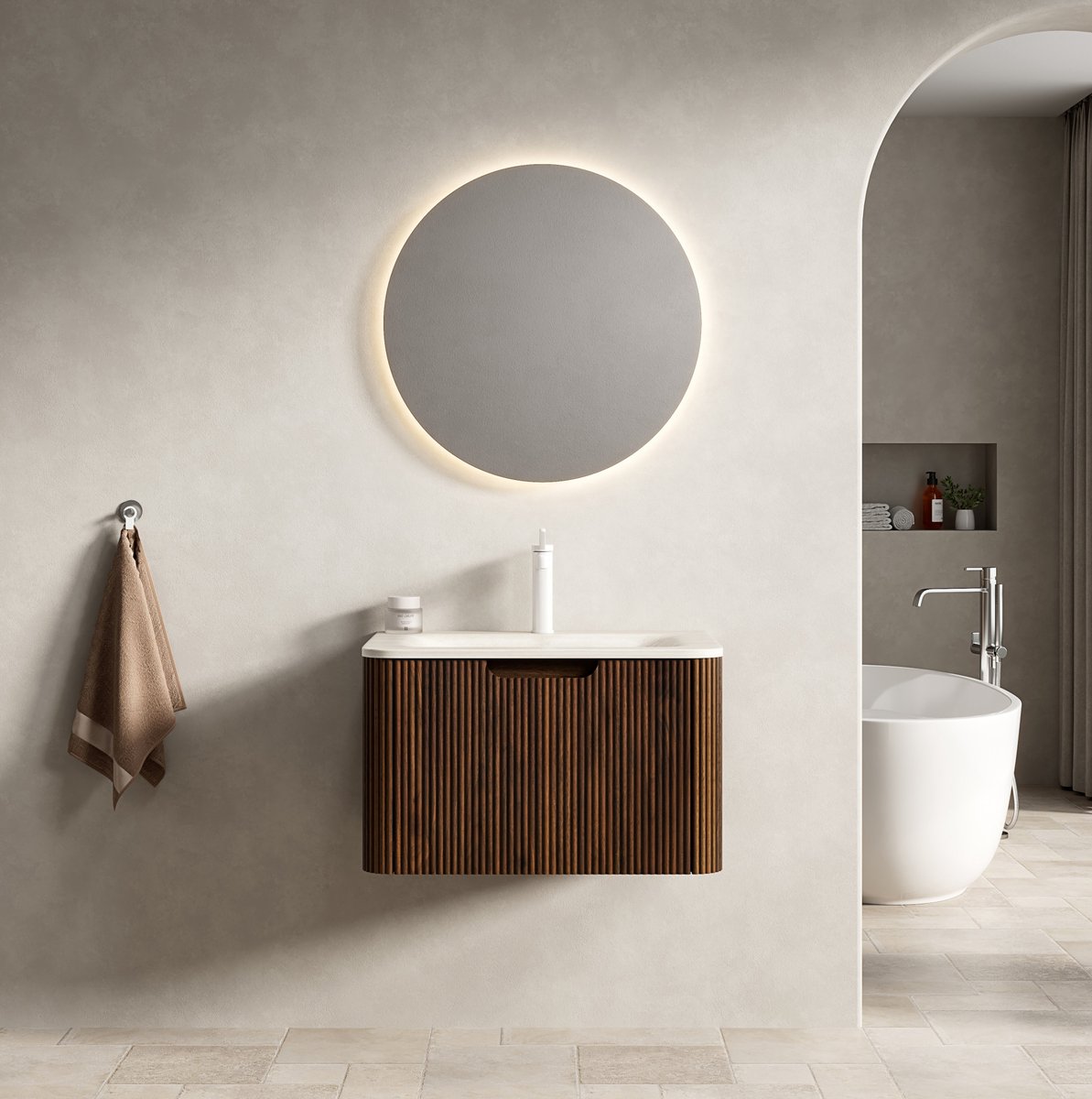 OKWISH Badkamer Wastafelmeubel - Wandgemonteerd Met Geintegreerde Wastafel En LED Soft-Close Lade - 60x46x36 cm - Houtlook Walnoot En Beige