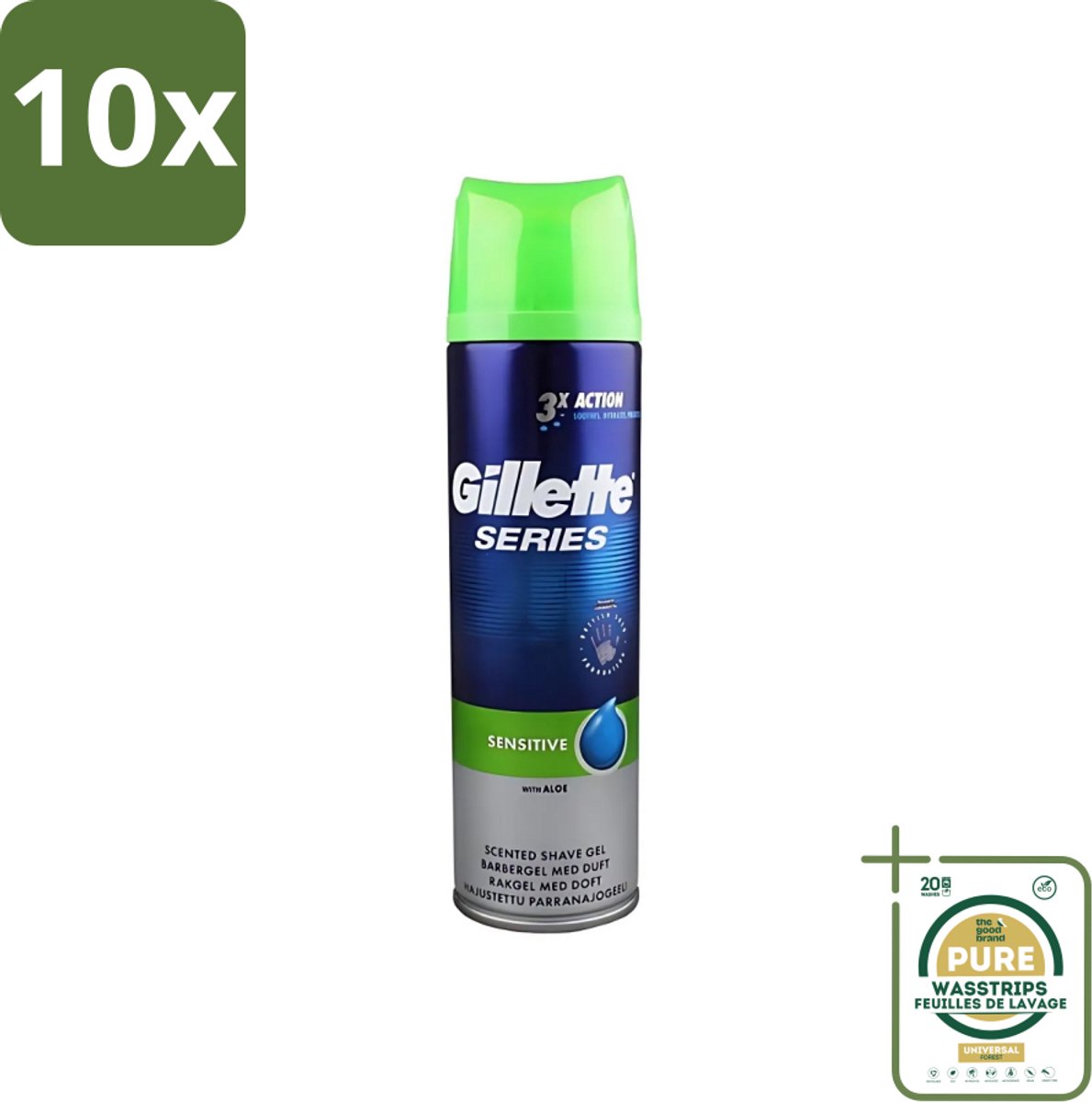 10 x Gillette Series - Scheergel - Sensitive - Aloe Vera - Voor de gevoelige huid - 200 ml - Grootverpakking - Gevoelige Huid - Scheergel - Aloe Vera - Menthol - Scheren