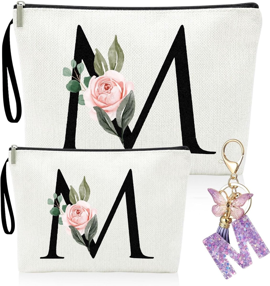 Gepersonaliseerde Make-up Tas met Initialen voor Meisjes en Dames, Perfecte Cadeaus voor Verjaardag en Moederdag, Inclusief Sleutelhanger en 2-in-1 Set