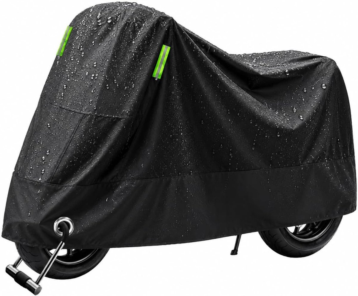 Waterdichte motorhoes voor bromfiets en motorfiets met diefstalbeveiliging, reflecterende strepen en UV-bescherming - 245 x 105 x 125 cm (zwart)