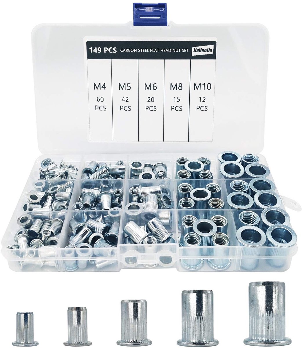 149-delige Rivet Nuts Set voor M4 M5 M6 M8 M10, Inclusief Flat Head en Draadstiften voor Metaalbewerking en Tubes