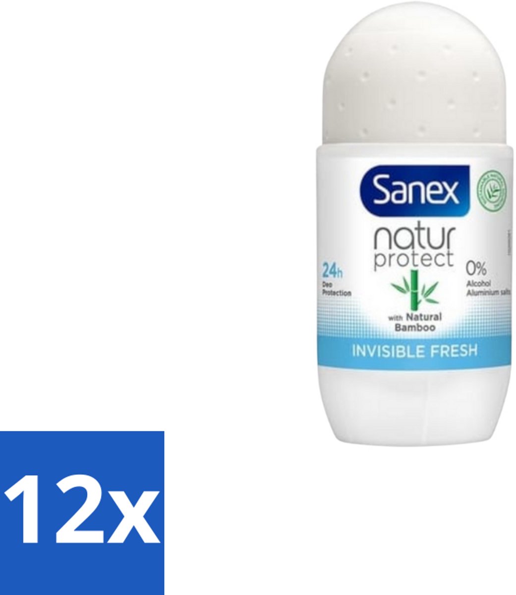 12 x Sanex – Deo Roll-on – Bamboo Invisible Fresh – 50 ml - Deodorant Roll-on - Bamboe - Natuurlijke Frisheid - Kledingbescherming - Witte Vlekken Voorkomen