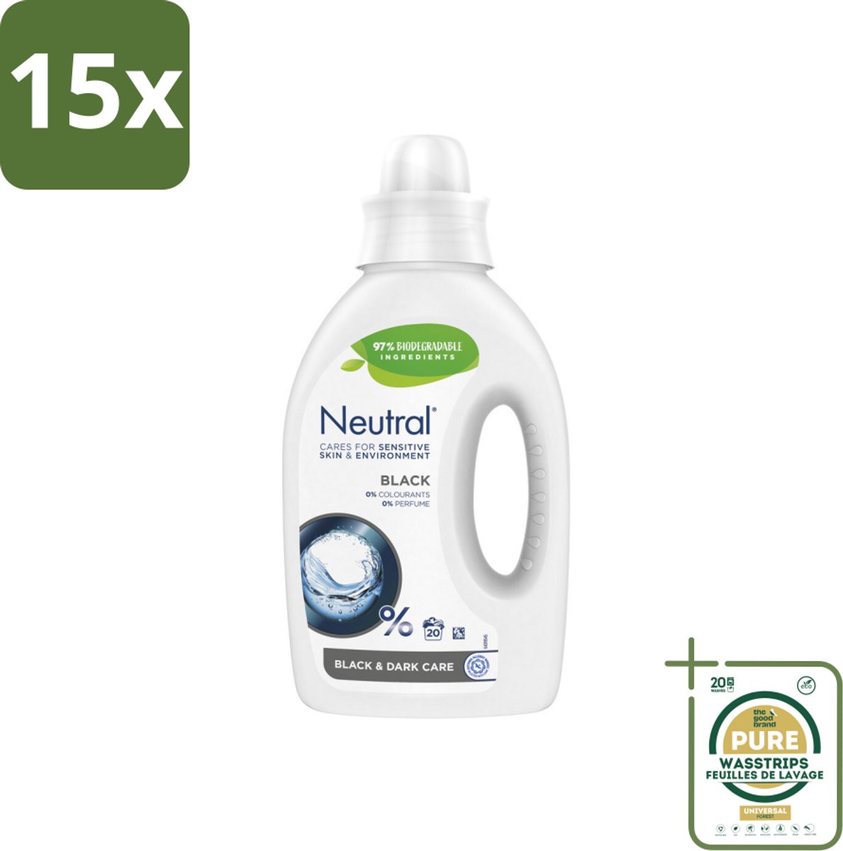 15 x Neutral Vloeibaar Wasmiddel Zwart 20 Wasbeurten 1 liter - Grootverpakking - Donker Was - Zwart Was - Parfumvrij Wasmiddel - Gevoelige Huid - Hypoallergeen Wasmiddel