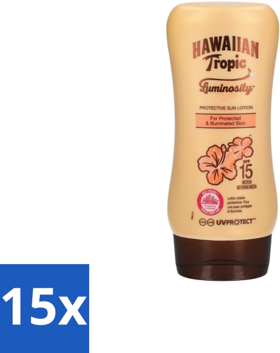 15 x Hawaiian Tropic – Zonnebrand Lotion – Luminosity Medium SPF15 – 180 ml - Zonbescherming - Zonnebrandlotion - SPF15 - Huidbescherming - Uitdroging Voorkomen