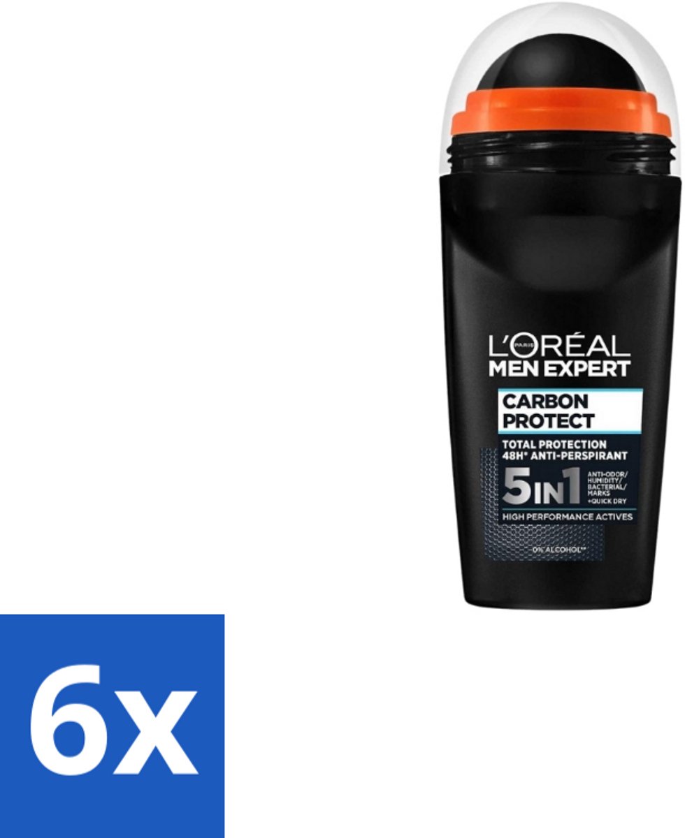 6 x L’Oréal Paris Men Expert – Deodorant Roller – Carbon Protect 5-in-1 – 50 ml - Anti-transpirant - Deodorant - Zweet - Geur - Vlekken