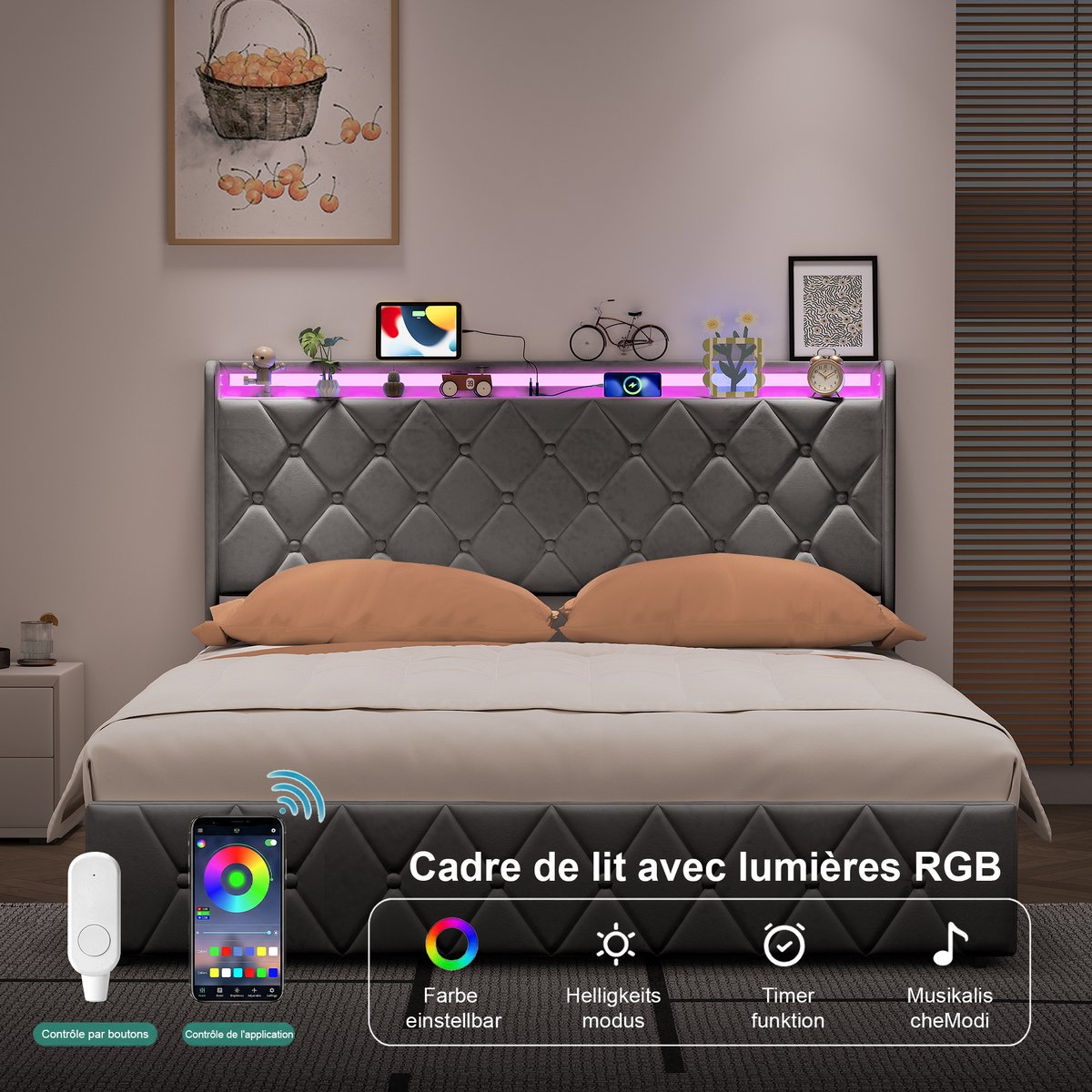 Tweepersoonsbed 160 x 200 cm met opbergruimte, gestoffeerd bed met LED-verlichting, USB-oplaadfunctie en opbergbedframe zonder Fluweel, matras, Grijs