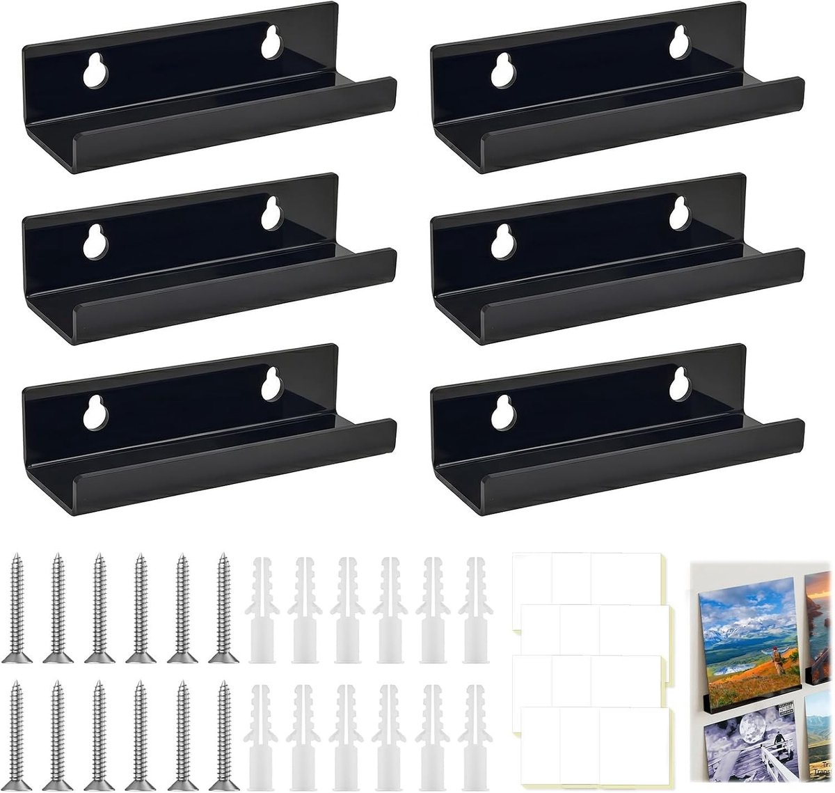 Zes Stuks Transparante Acryl Wandbeugels voor Zwevende Wandplanken en Vinyl Platen - 10 x 3,5 x 3 cm (Zwart)