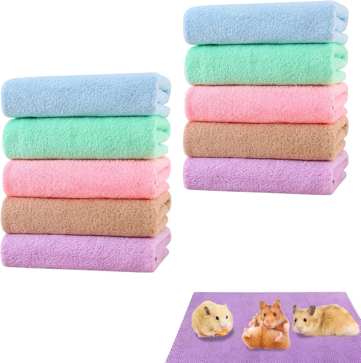Set van 10 Dierlijke Kussens en Fleece Dekens 35x75cm, Absorberende en Wasbare Mat voor Konijnen, Hamsters en Puppies in 5 Kleuren voor Huisdiercomfort