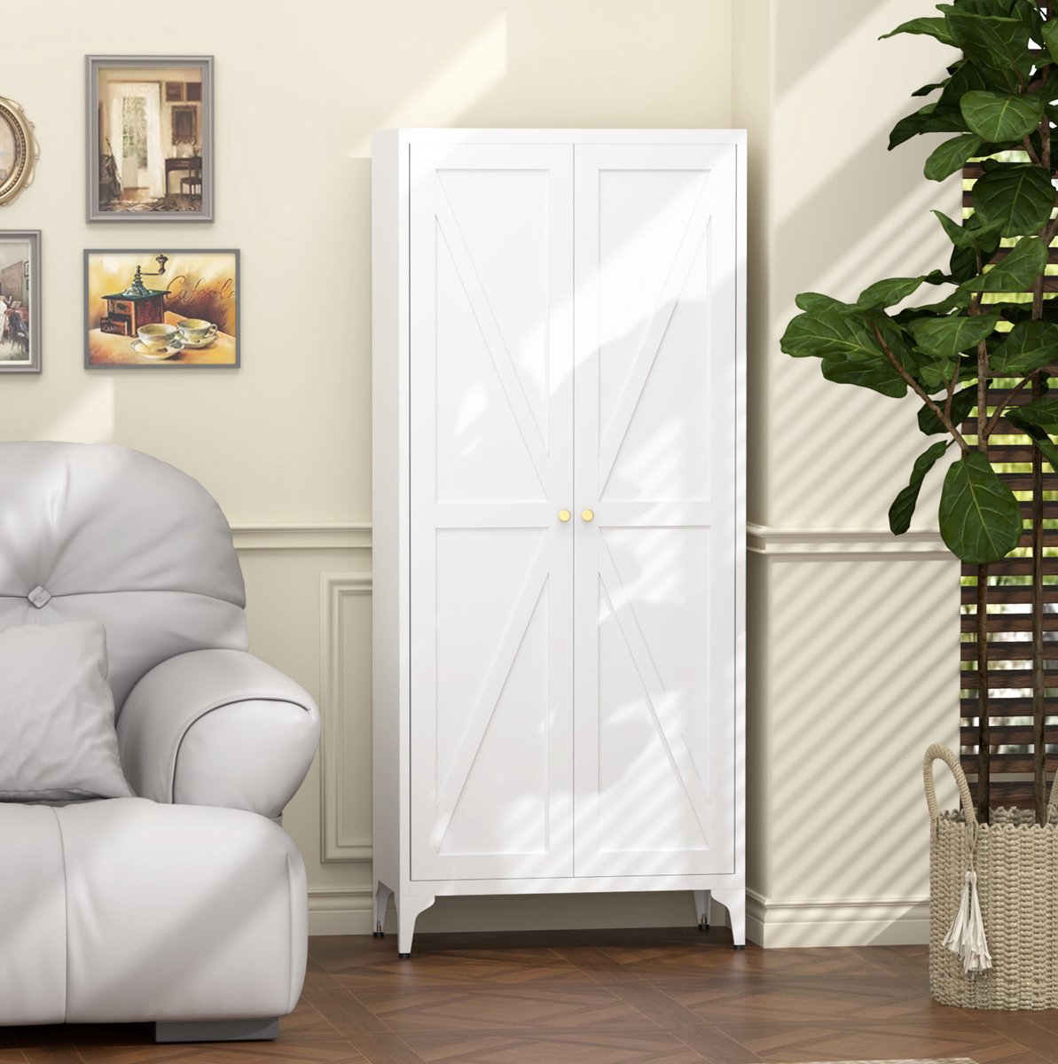OKWISH Keukenkast - Metalen Opbergkast Met 2 Deuren En 3 Verstelbare Planken - 70 x 35 x 165 cm - Hoge Pantrykast Voor Keuken Of Kantoor - Wit