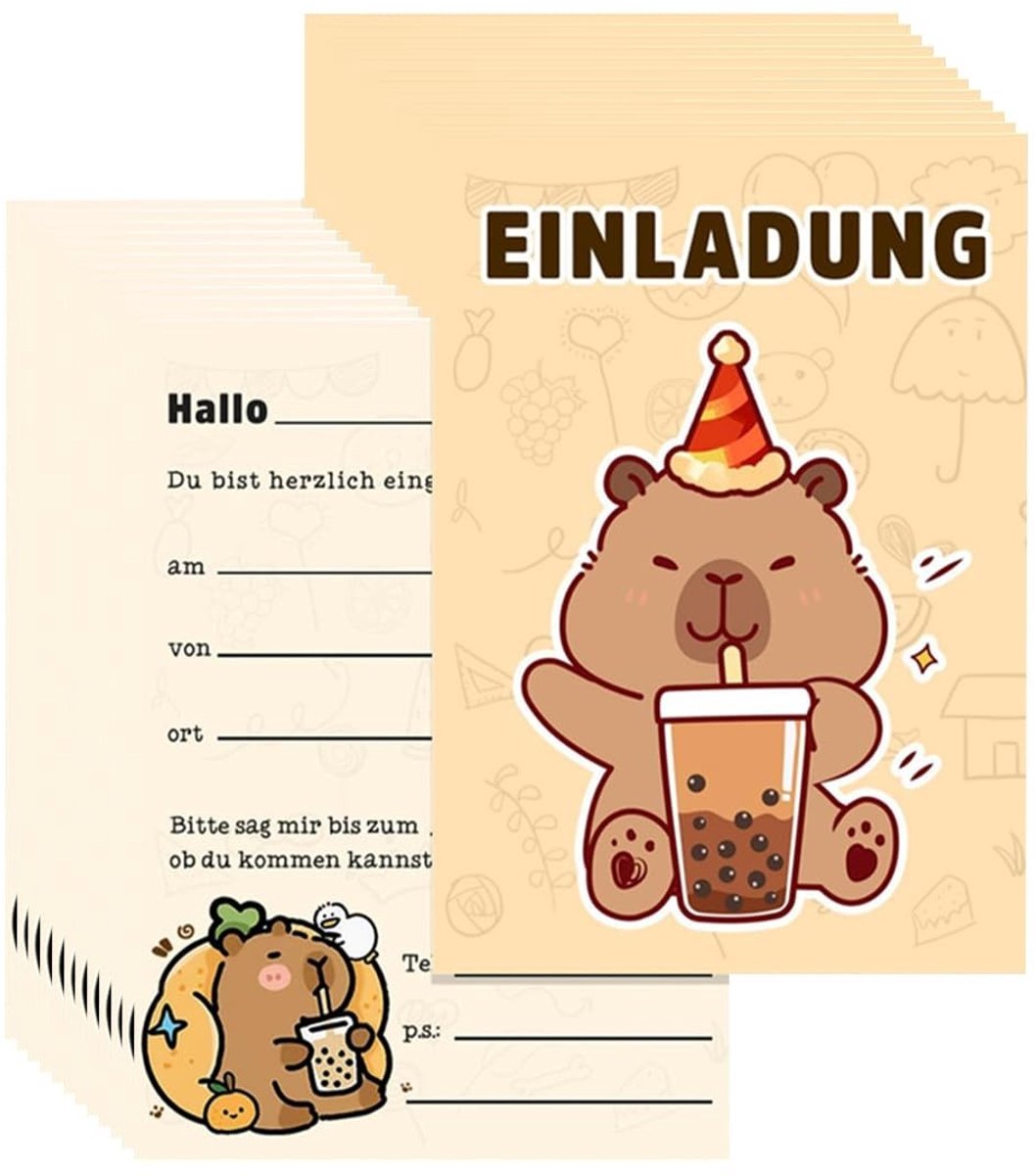 Elzusha - Set van 12 Uitnodigingskaarten voor Kinderverjaardag met Capibara-Design