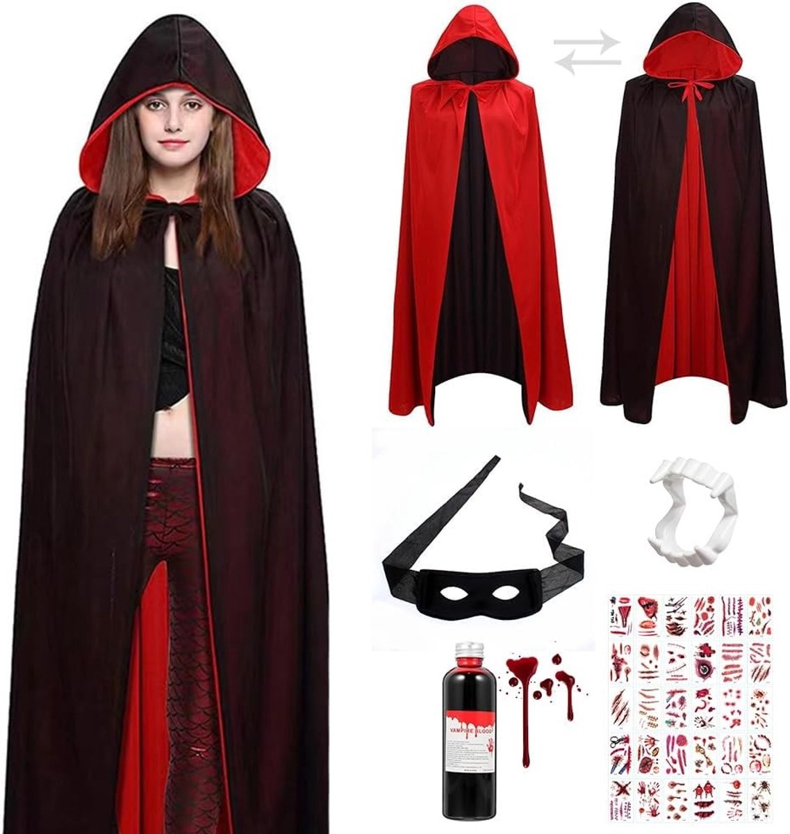 Dubbelzijdige Halloween Vampier Cape met Accessoires voor Kostuum, Hoed en Carnaval Cosplay Party