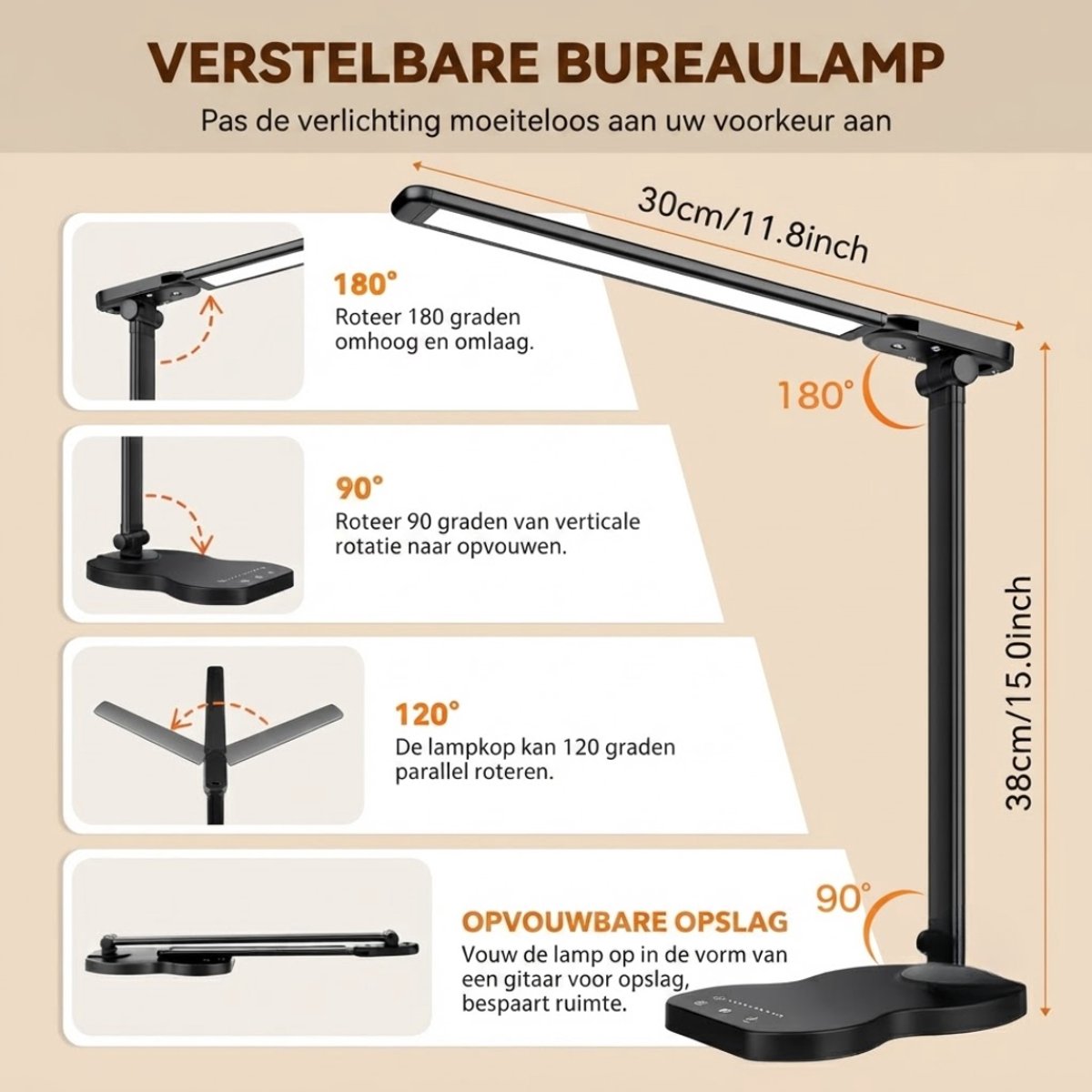 LNMsolutions® Bureaulamp - Bureaulamp LED - Bedlamp - Zwart - 30cm x 10cm x 38cm