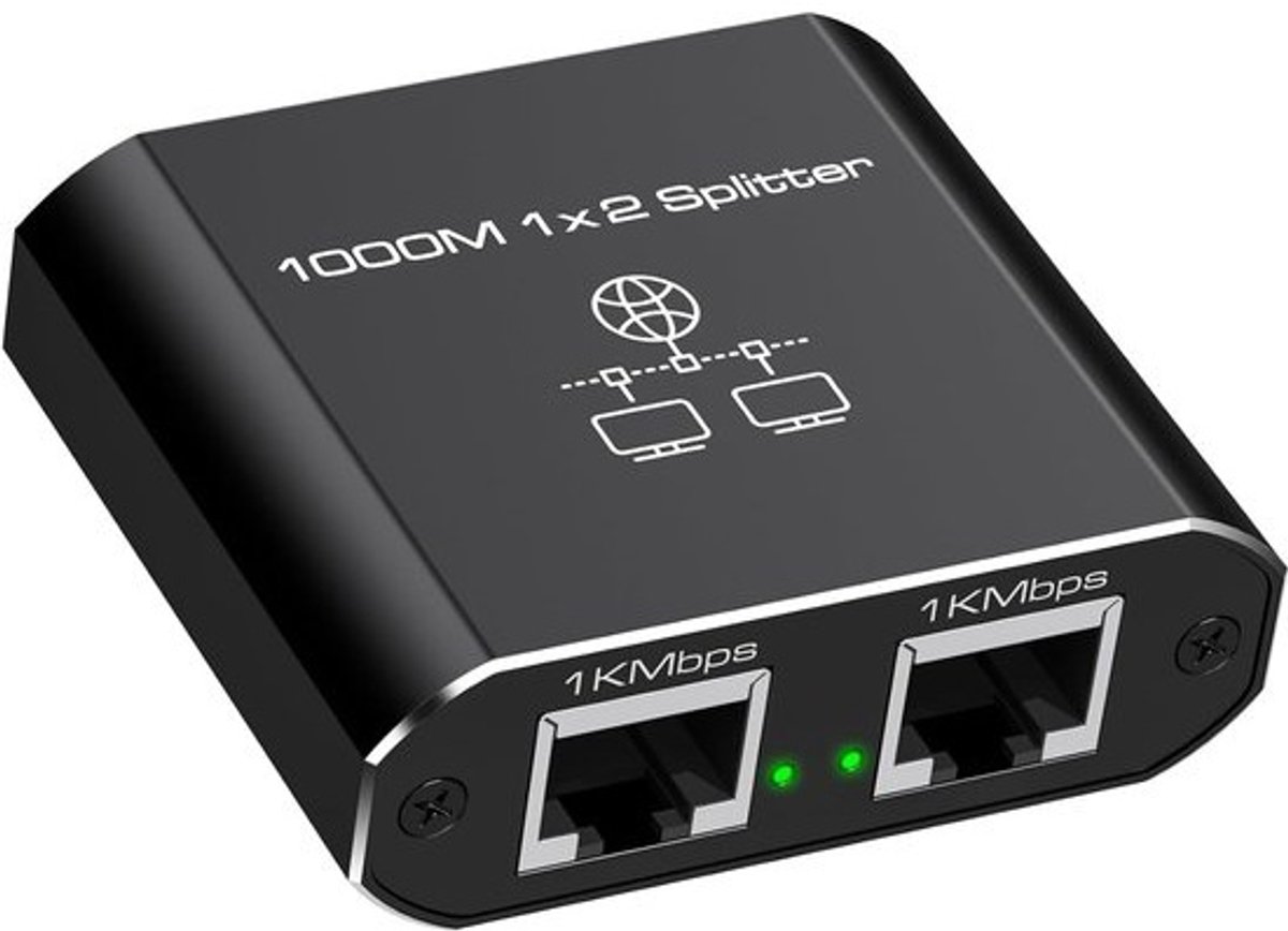 Netwerk Splitter - Ethernet Switch - Twee Apparaten Delen - Gigabit Snelheid - 1 op 2 Poorten - Zwart