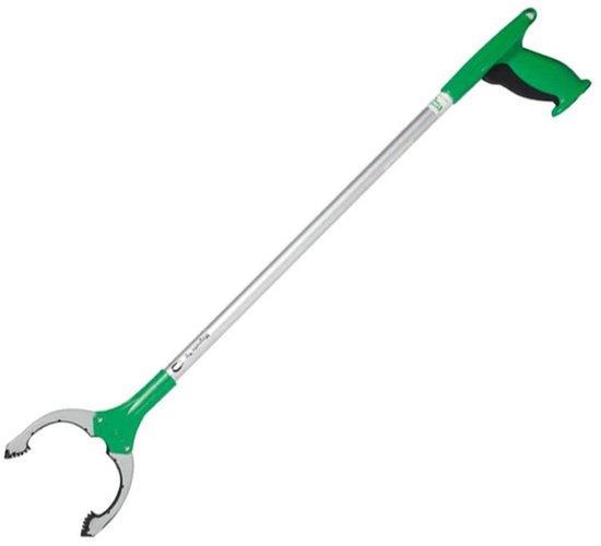 Lange grijper met zilverkleurige steel en groen handvat.