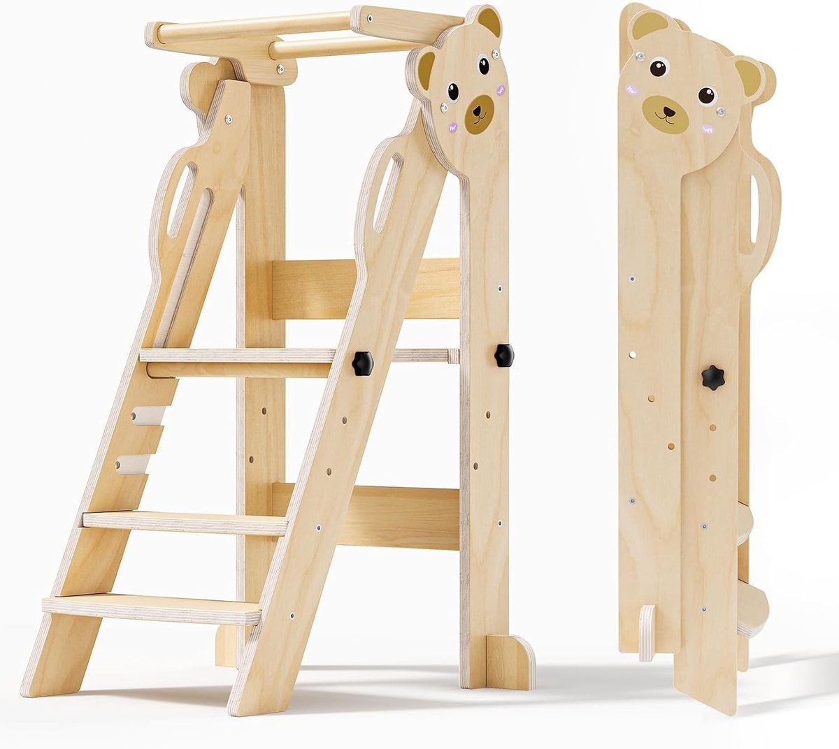 Opvouwbare Montessori Leer Toren voor Kinderen van 1 tot 3 Jaar - Veiligheid, Natuurlijke Hout, Keukenhulp en Observatietoren