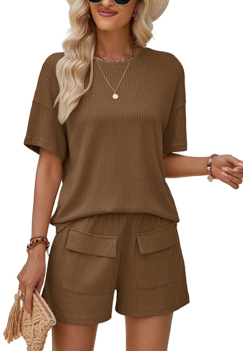 Elzusha - Dames 2-delige Casual Shorts Set - Korte Mouwen - Bruin