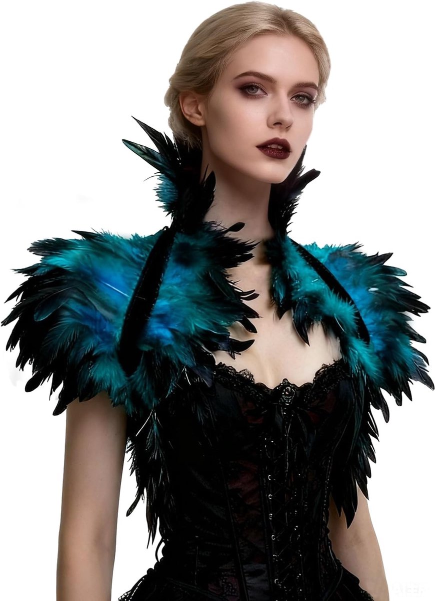 Victoriaanse Natuurlijke Dons Schoudercape en Sjaal voor Halloween Kostuum, Blauwe Gothic Kraag, One Size, Perfect voor Feestjes en Cosplay