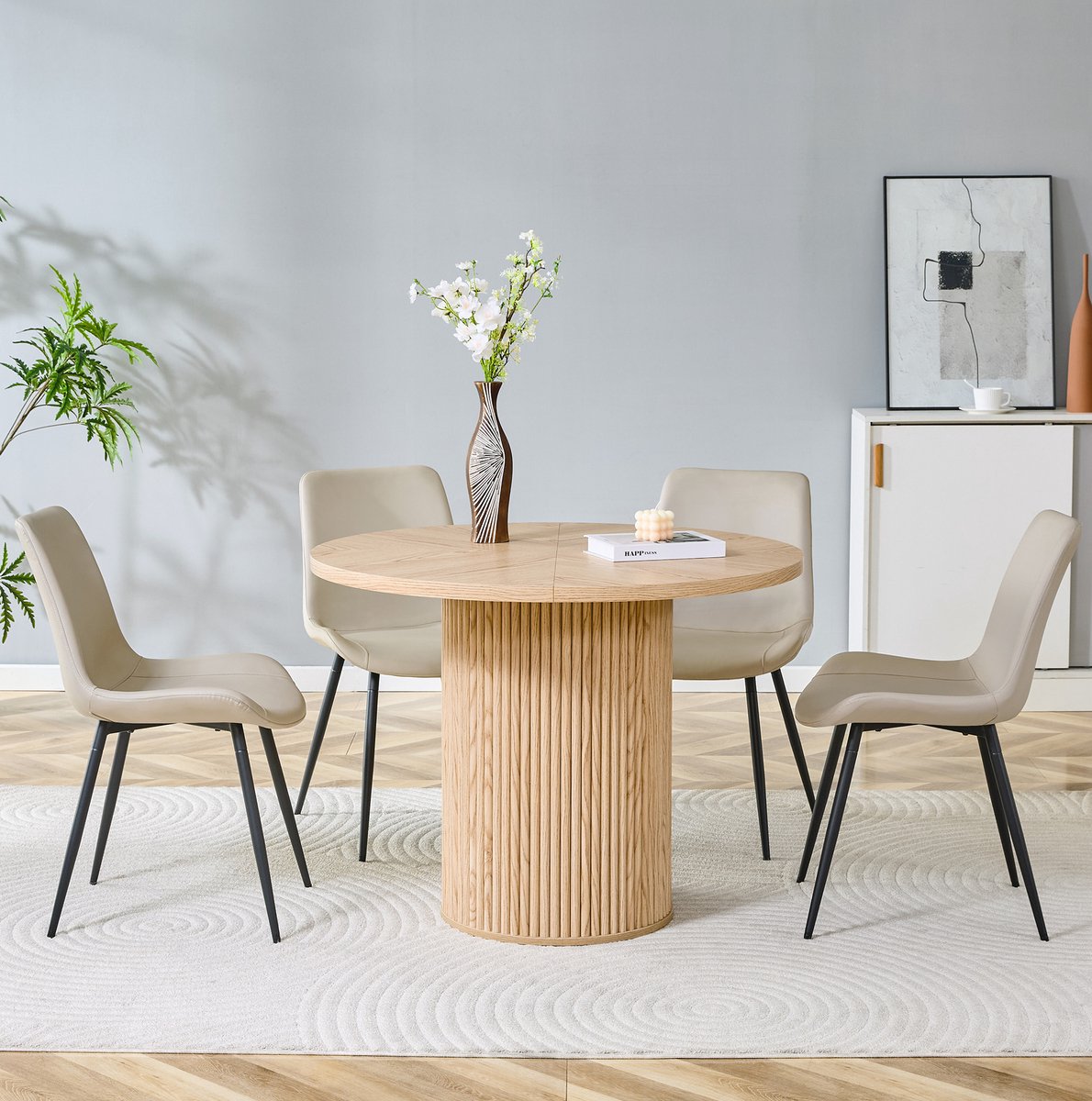 Wishdor Ronde eettafelset 1 tafel 4 stoelen - 100 cm - Modern - MDF - PU leer - Zwart, houtkleurig en warmgrijs - 100 x 100 x 83 cm
