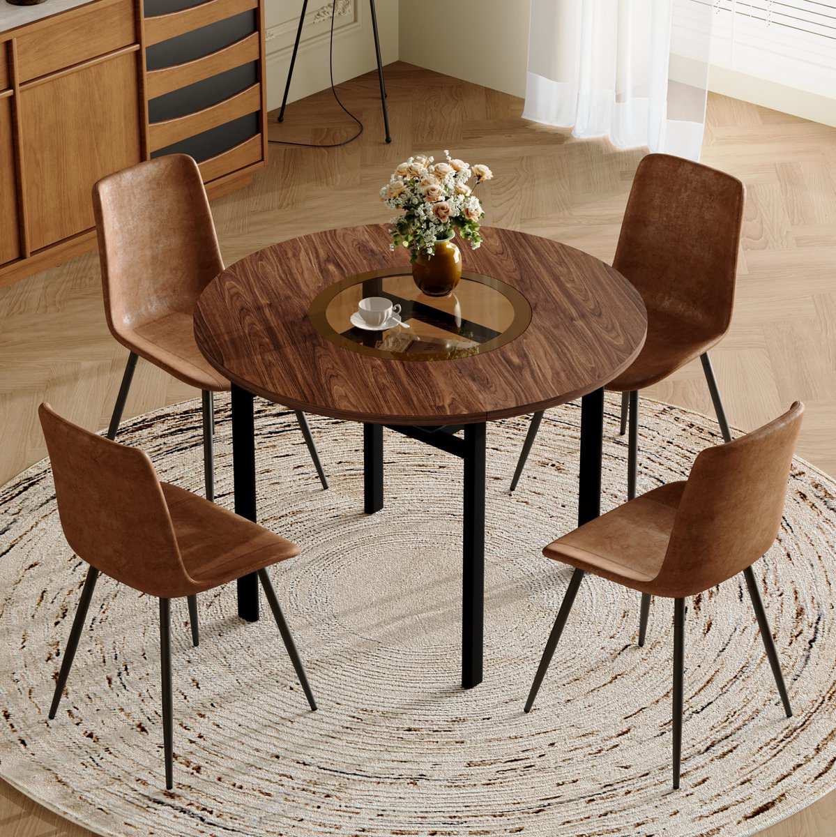 Wishdor Ronde eettafelset - 4 stoelen - Modern - Houtlook met glas-inleg en glazen legplank - Metaal - Bruin en zwart - Ø 100 cm