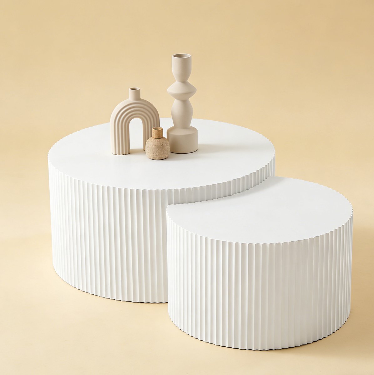 Wishdor Set van 2 nesttafels - Rond en ruimtebesparend - Wit mat MDF - Modern - Voor woonkamer en slaapkamer
